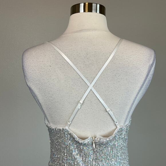 Aidan Mattox Women's Formal Dress Size 12 Silver Sequin Strappy Back Long Gown - Picture 7 of 10